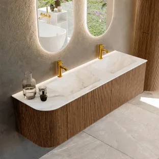 MONDIAZ Kurve-dlux 155cm bathroom furniture - colour Walnut - 2 drawers - LEAF washbasin - washbasin Left - 2 tap holes - colour Frappe
