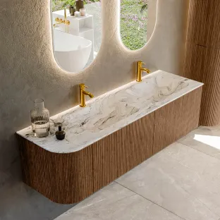 MONDIAZ Kurve-dlux 155cm bathroom furniture - colour Walnut - 2 drawers - LEAF washbasin - washbasin Left - 2 tap holes - colour Glace