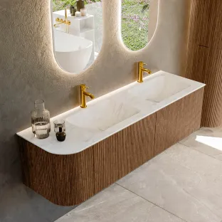 MONDIAZ Kurve-dlux 155cm bathroom furniture - colour Walnut - 2 drawers - LEAF washbasin - washbasin Left - 2 tap holes - colour Opalo