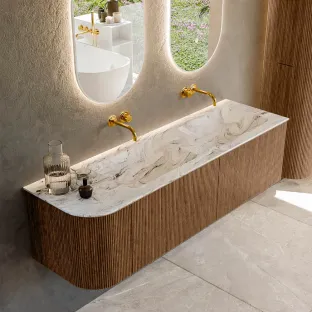 MONDIAZ Kurve-dlux 155cm bathroom furniture - colour Walnut - 2 drawers - LEAF washbasin - washbasin Left - without tap hole - colour Glace