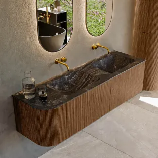 MONDIAZ Kurve-dlux 155cm bathroom furniture - colour Walnut - 2 drawers - LEAF washbasin - washbasin Left - without tap hole - colour Lava