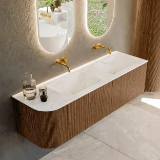 MONDIAZ Kurve-dlux 155cm bathroom furniture - colour Walnut - 2 drawers - LEAF washbasin - washbasin Left - without tap hole - colour Ostra