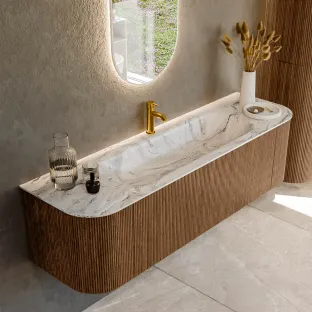 MONDIAZ Kurve-dlux 160cm bathroom furniture - color Walnut - 1 drawer - BIG MEDIUM washbasin - washbasin Left and Right - 1 tap hole - color Glace
