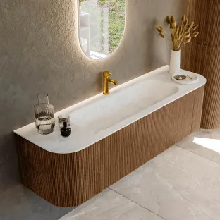 MONDIAZ Kurve-dlux 160cm bathroom furniture - colour Walnut - 1 drawer - BIG MEDIUM washbasin - washbasin Left and Right - 1 tap hole - colour Opalo