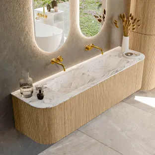 MONDIAZ Kurve-dlux 170cm bathroom furniture - colour Oak - 1 drawer - LEAF washbasin - washbasin Left and Right - without tap hole - colour Glace