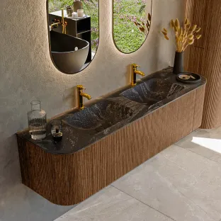 MONDIAZ Kurve-dlux 170cm bathroom furniture - color Walnut - 1 drawer - LEAF washbasin - washbasin Left and Right - 2 tap holes - color Lava