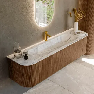 MONDIAZ Kurve-dlux 170cm bathroom furniture - color Walnut - 2 drawers - BIG LARGE washbasin - washbasin Left and Right - 1 tap hole - color Glace