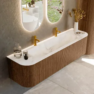 MONDIAZ Kurve-dlux 170cm bathroom furniture - color Walnut - 2 drawers - BIG LARGE washbasin - washbasin Left and Right - 2 tap holes - color Frappe