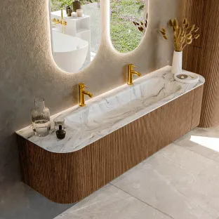 MONDIAZ Kurve-dlux 170cm bathroom furniture - colour Walnut - 2 drawers - BIG LARGE washbasin - washbasin Left and Right - 2 tap holes - colour Glace