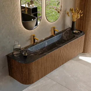 MONDIAZ Kurve-dlux 170cm bathroom furniture - color Walnut - 2 drawers - BIG LARGE washbasin - washbasin Left and Right - 2 tap holes - color Lava