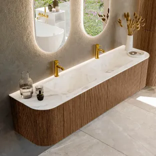 MONDIAZ Kurve-dlux 180cm bathroom furniture - colour Walnut - 1 drawer - LEAF washbasin - washbasin Left and Right - 2 tap holes - colour Frappe
