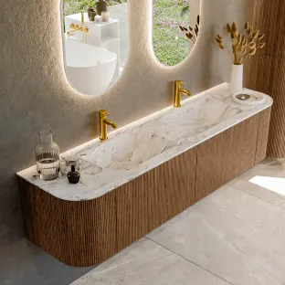 MONDIAZ Kurve-dlux 180cm bathroom furniture - colour Walnut - 1 drawer - LEAF washbasin - washbasin Left and Right - 2 tap holes - colour Glace