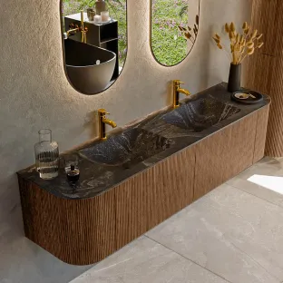MONDIAZ Kurve-dlux 180cm bathroom furniture - colour Walnut - 1 drawer - LEAF washbasin - washbasin Left and Right - 2 tap holes - colour Lava