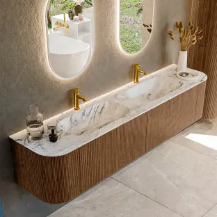 MONDIAZ Kurve-dlux 200cm bathroom furniture - colour Walnut - 1 drawer - STOR SMALL washbasin - washbasin Left and Right - 2 tap holes - colour Glace