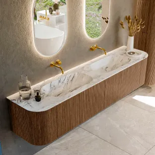 MONDIAZ Kurve-dlux 200cm bathroom furniture - colour Walnut - 1 drawer - STOR SMALL washbasin - washbasin Left and Right - without tap hole - colour Glace