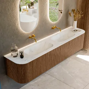 MONDIAZ Kurve-dlux 200cm bathroom furniture - colour Walnut - 1 drawer - STOR SMALL washbasin - washbasin Left and Right - without tap hole - colour Opalo