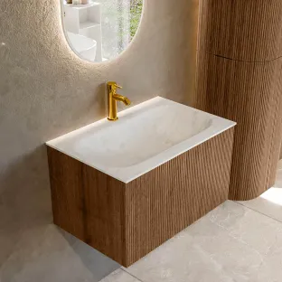 MONDIAZ Kurve-dlux 70cm bathroom furniture - colour Walnut - 1 drawer - BIG SMALL washbasin - washbasin in the middle - 1 tap hole - colour Opalo