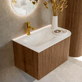 MONDIAZ Kurve-dlux 75cm bathroom furniture - colour Walnut - 1 drawer - GRUNNE washbasin - washbasin in the middle - 1 tap hole - colour Ostra