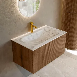 MONDIAZ Kurve-dlux 80cm bathroom furniture - colour Walnut - 1 drawer - BIG SMALL washbasin - washbasin in the middle - 1 tap hole - colour Glace