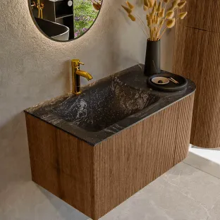 MONDIAZ Kurve-dlux 85cm bathroom furniture - colour Walnut - 1 drawer - CLOUD washbasin - washbasin in the middle - 1 tap hole - colour Lava