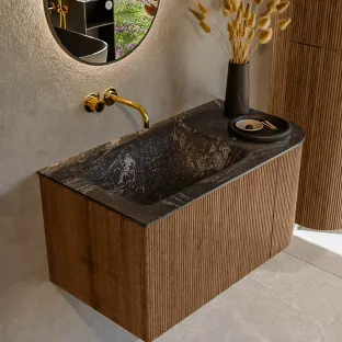 MONDIAZ Kurve-dlux 85cm bathroom furniture - colour Walnut - 1 drawer - CLOUD washbasin - washbasin in the middle - without tap hole - colour Lava