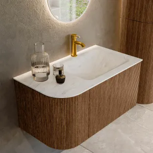 MONDIAZ Kurve-dlux 85cm bathroom furniture - colour Walnut - 2 drawers - CLOUD washbasin - washbasin Left - 1 tap hole - colour Opalo