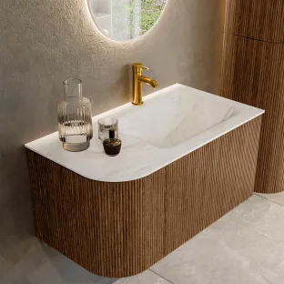 MONDIAZ Kurve-dlux 85cm bathroom furniture - colour Walnut - 2 drawers - CLOUD washbasin - washbasin Left - 1 tap hole - colour Ostra