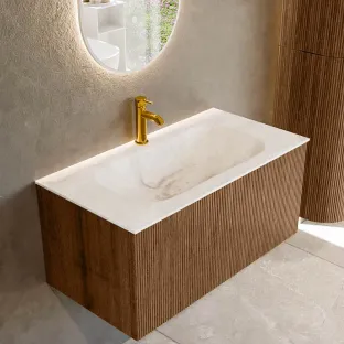 MONDIAZ Kurve-dlux 90cm bathroom furniture - colour Walnut - 1 drawer - BIG SMALL washbasin - washbasin in the middle - 1 tap hole - colour Frappe