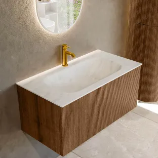 MONDIAZ Kurve-dlux 90cm bathroom furniture - colour Walnut - 1 drawer - BIG SMALL washbasin - washbasin in the middle - 1 tap hole - colour Opalo