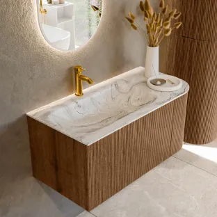 MONDIAZ Kurve-dlux 95cm bathroom furniture - colour Walnut - 1 drawer - BIG SMALL washbasin - washbasin in the middle - 1 tap hole - colour Glace
