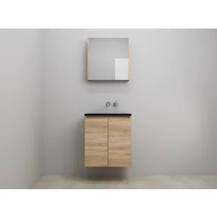 Sanilet bathroom furniture with doors - assembled - Acrylic black - Oak - 60x46x67 cm - 2 doors - No tap hole - Mirror cabinet