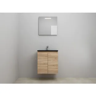 Sanilet bathroom furniture with doors - construction kit - Acrylic black - Oak - 60x46x67 cm - 2 doors - 1 tap hole - LED mirror