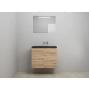 Sanilet bathroom furniture with doors - construction kit - Acrylic black - Oak - 80x46x67 cm - 2 doors - No tap hole - LED mirror