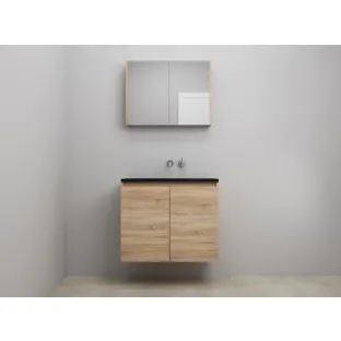 Sanilet bathroom furniture with doors - assembled - Acrylic black - Oak - 80x46x67 cm - 2 doors - No tap hole - Mirror cabinet