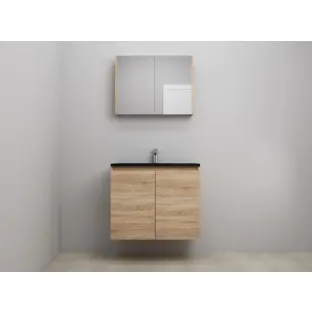 Sanilet bathroom furniture with doors - construction kit - Acrylic black - Oak - 80x46x67 cm - 2 doors - 1 tap hole - Mirror cabinet