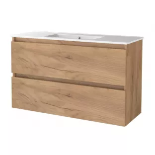 Basic Line shallow bathroom furniture 100 x 39 cm - Warm oak - without mirror - porcelain washbasin - 1 tap hole