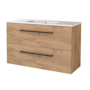 Basic Line shallow bathroom furniture 100 x 39 cm - Warm oak - with black handles - without mirror - porcelain washbasin - 1 tap hole