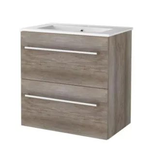 Basic Line shallow bathroom furniture 60 x 39 cm - Dark oak - with chrome handles - without mirror - porcelain washbasin - 1 tap hole