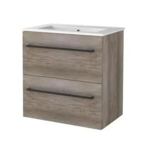 Basic Line shallow bathroom furniture 60 x 39 cm - Dark oak - with black handles - without mirror - porcelain washbasin - 1 tap hole