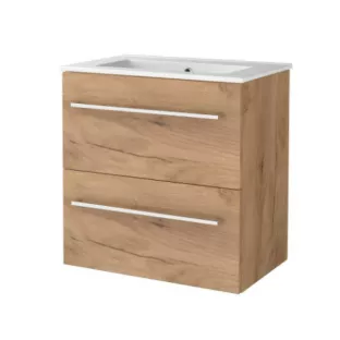 Basic Line shallow bathroom furniture 60 x 39 cm - Warm oak - with chrome handles - without mirror - porcelain washbasin - 1 tap hole