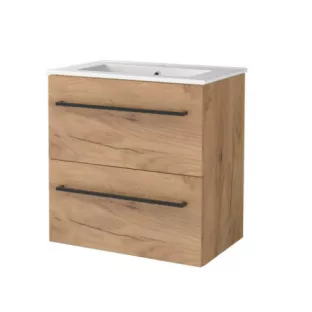 Basic Line shallow bathroom furniture 60 x 39 cm - Warm oak - with black handles - without mirror - porcelain washbasin - 1 tap hole