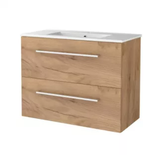 Basic Line shallow bathroom furniture 80 x 39 cm - Warm oak - with chrome handles - without mirror - porcelain washbasin - 1 tap hole