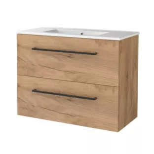 Basic Line shallow bathroom furniture 80 x 39 cm - Warm oak - with black handles - without mirror - porcelain washbasin - 1 tap hole