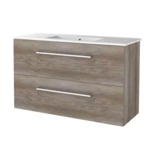 Basic Line shallow bathroom furniture 100 x 39 cm - Warm oak - with chrome handles - without mirror - porcelain washbasin - 1 tap hole