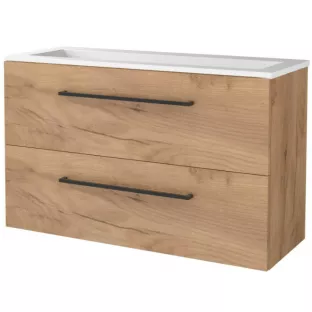 Basic Line shallow bathroom furniture 100 x 39 cm - Warm oak - without mirror - acrylic washbasin - without tap holes