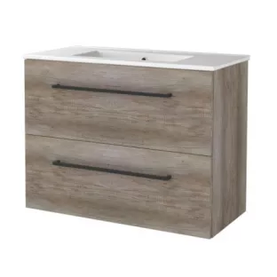 Basic Line shallow bathroom furniture 80 x 39 cm - Dark oak - with black handles - without mirror - porcelain washbasin - 1 tap hole