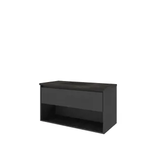 Proline Bathroom furniture - Elegant hardstone washbasin - Black oak/Blue stone - 100x46x54 cm - Single washbasin with 1 tap hole - 1 drawer and 1 open shelf