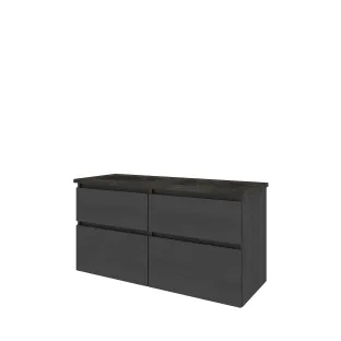 Proline Bathroom furniture - Elegant hardstone washbasin - Black oak/Blue stone - 120x46x62 cm - Double washbasin without tap hole - 4 asymmetrical drawers