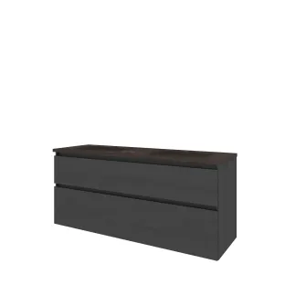 Proline Bathroom furniture - Elegant hardstone washbasin - Black oak/Blue stone - 140x46x62 cm - Double washbasin with 2 tap holes - 2 asymmetrical drawers