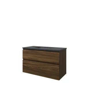 Proline Bathroom furniture - Elegant bluestone washbasin - Cabana oak/Blue stone - 100x46x62 cm - Single washbasin with 1 tap hole - 2 asymmetrical drawers